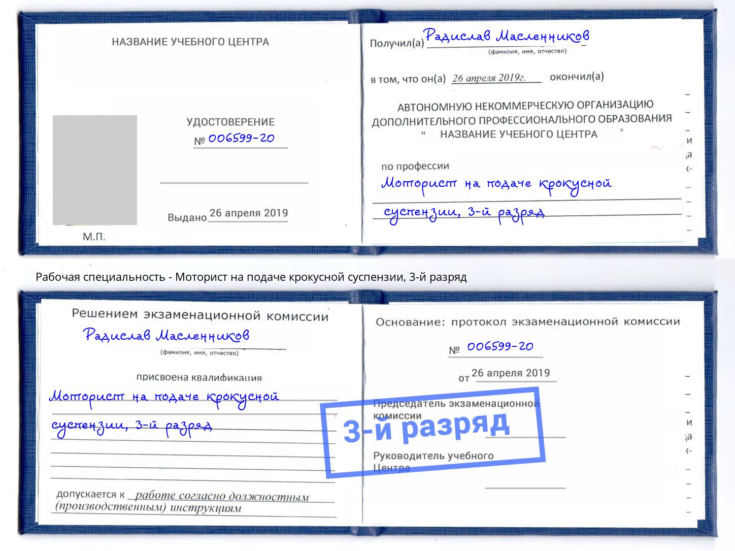 корочка 3-й разряд Моторист на подаче крокусной суспензии Муром