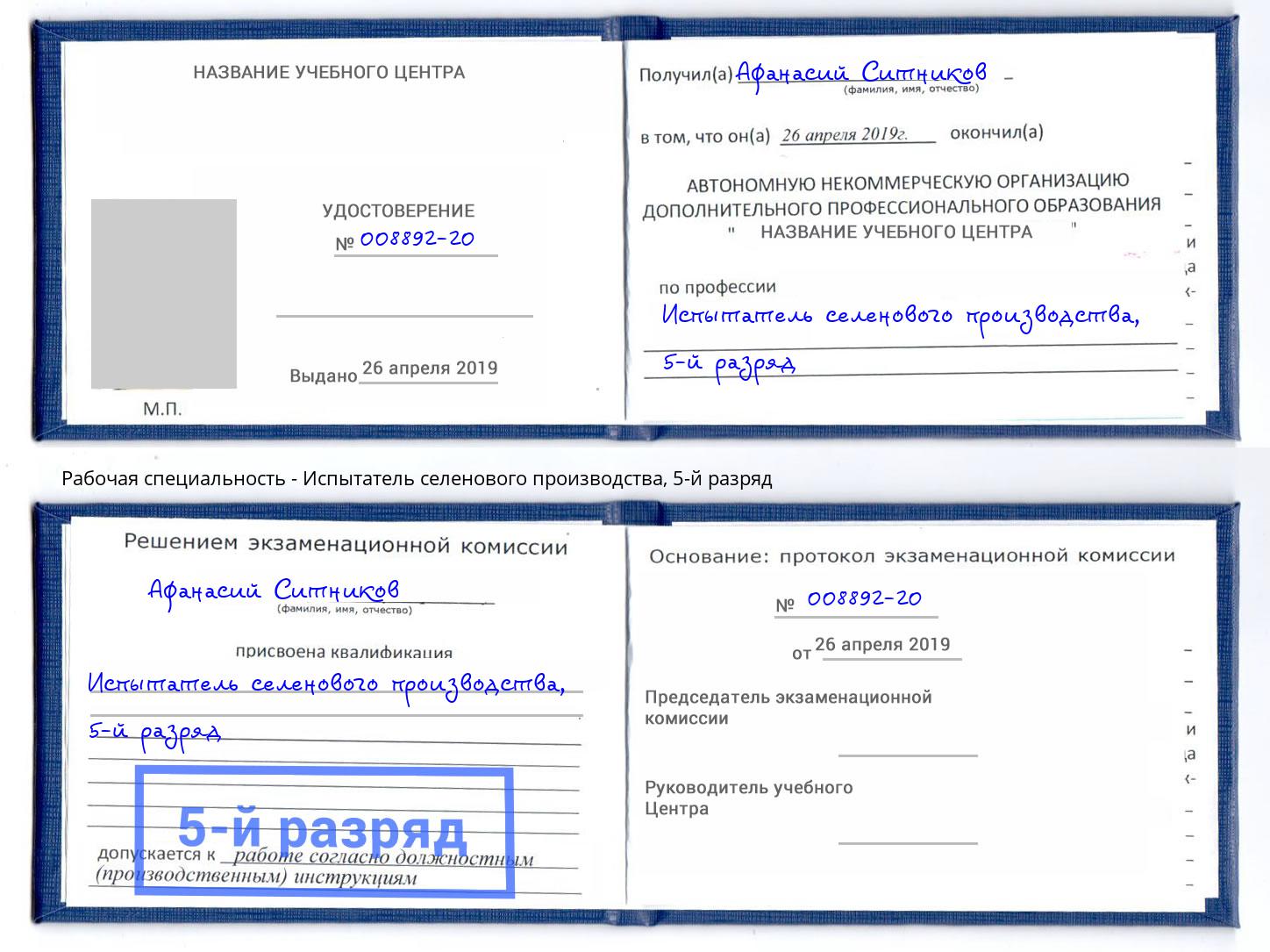 корочка 5-й разряд Испытатель селенового производства Муром