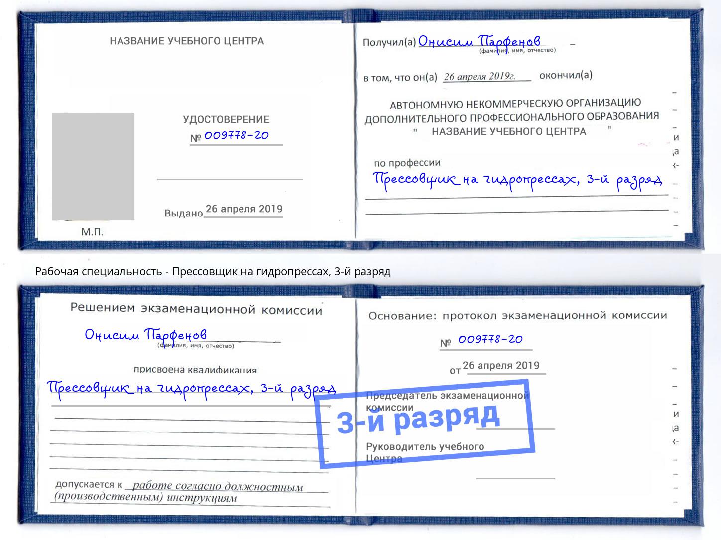 корочка 3-й разряд Прессовщик на гидропрессах Муром