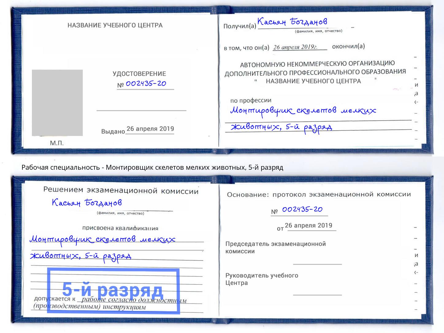 корочка 5-й разряд Монтировщик скелетов мелких животных Муром