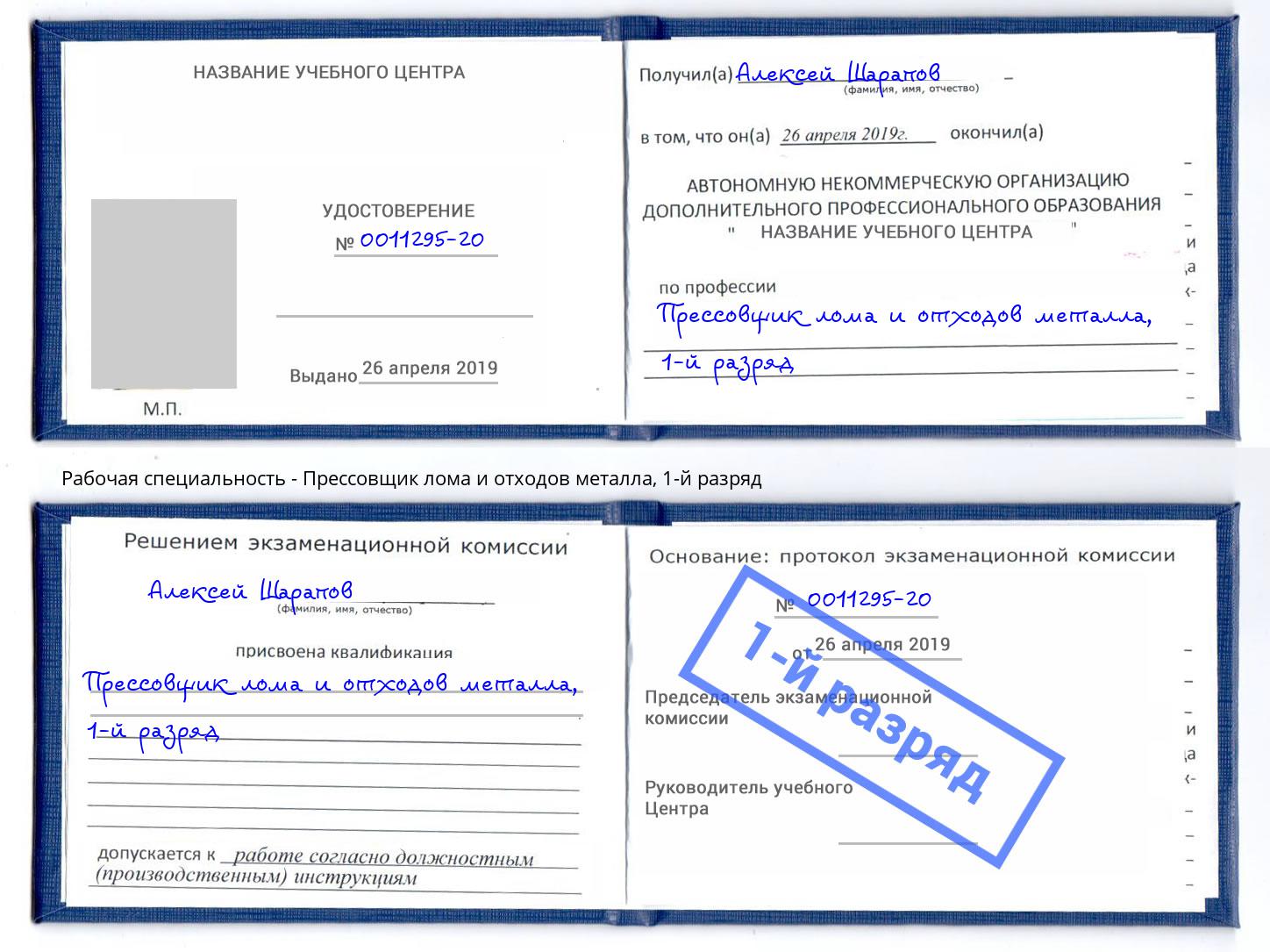 корочка 1-й разряд Прессовщик лома и отходов металла Муром